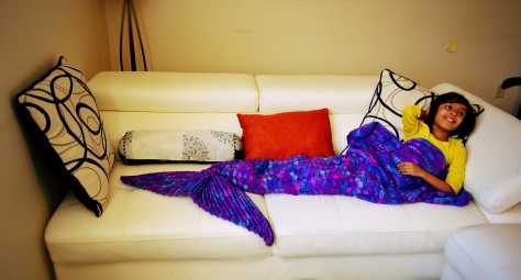 Tisha Singh modeling for my Crochet Mermaid Blanket 